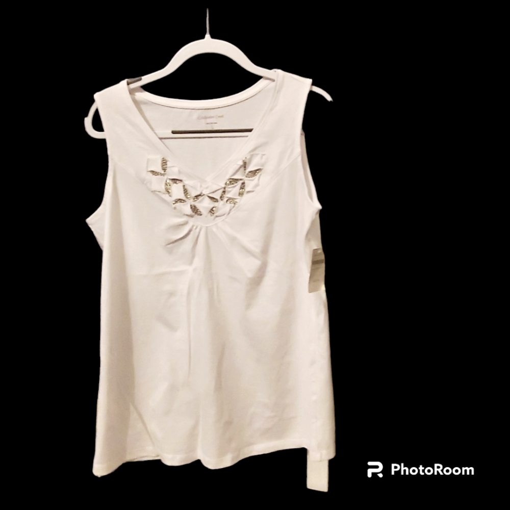 Coldwater Creek white tank cotton size large, gold stiched Beading